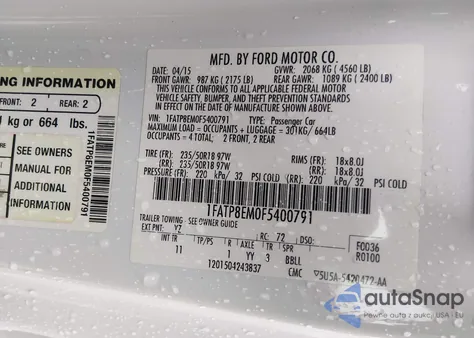 2015 Ford Mustang V6 from USA, damaged, VIN 1FATP8EM0F5400791